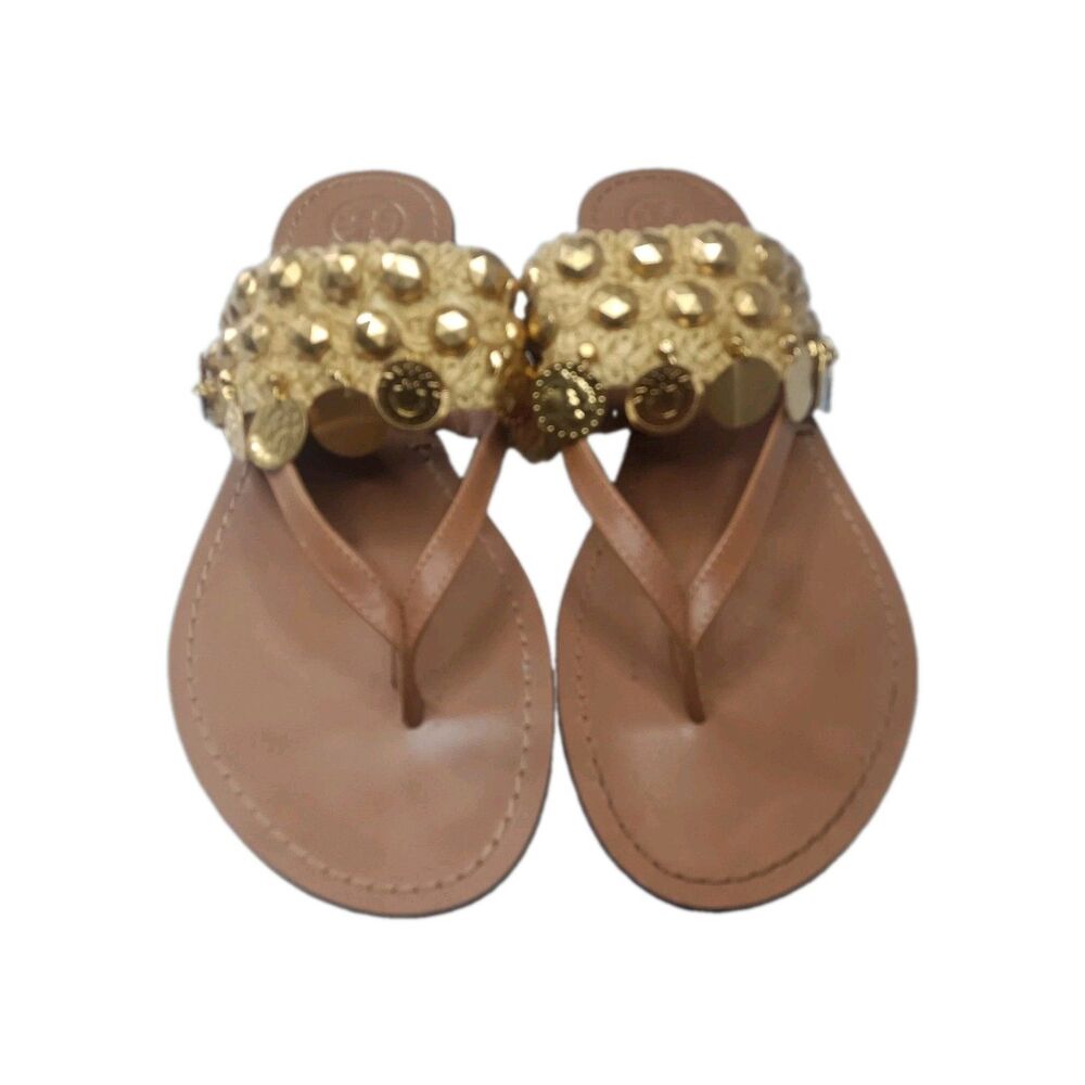 Tory Burch Patos Coin Thong Sandals Womens Size 8 M Tan Calf Leather Woven trim